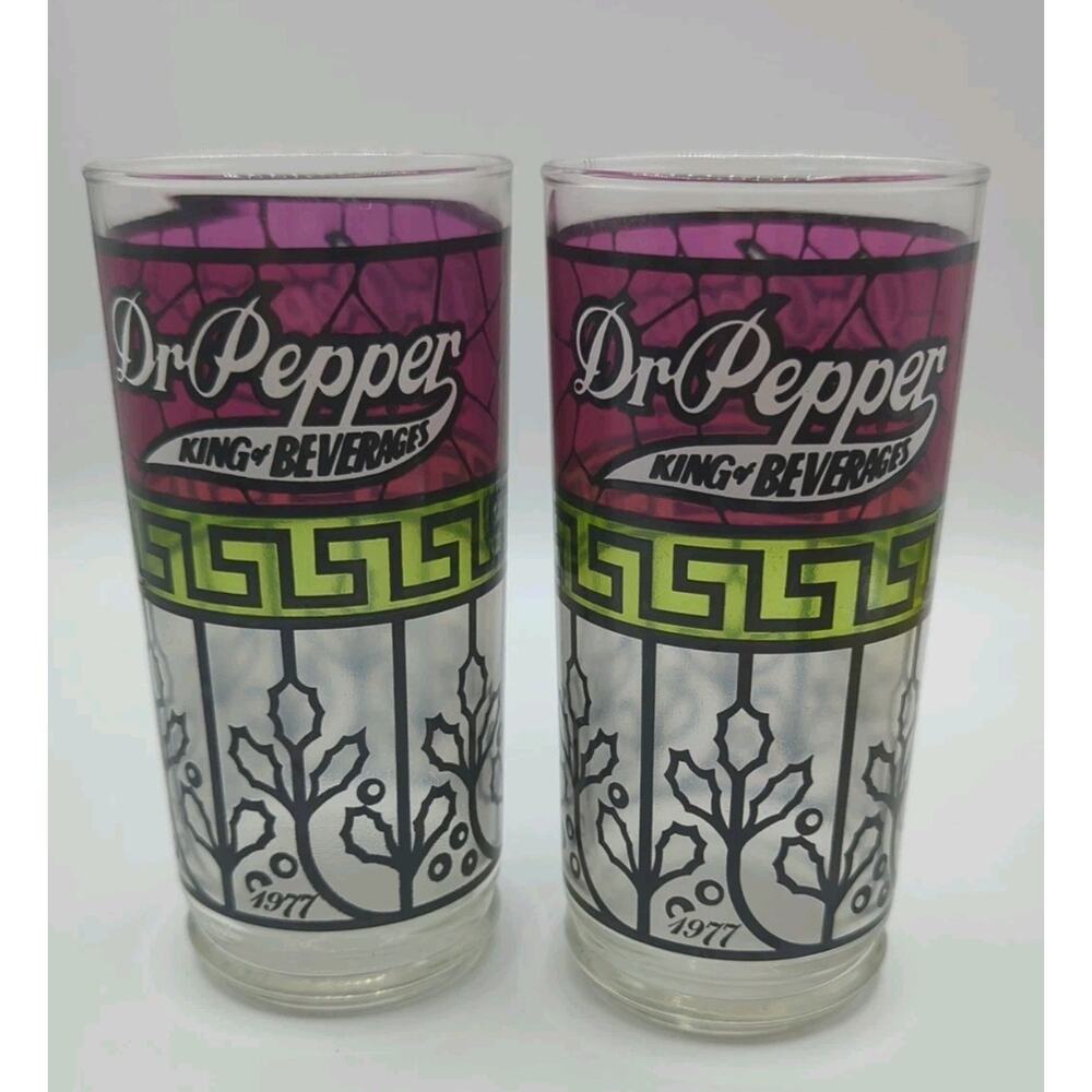 Vintage 1977 Dr Pepper King of Beverages Stained Glass Tumblers Cup Set of 2